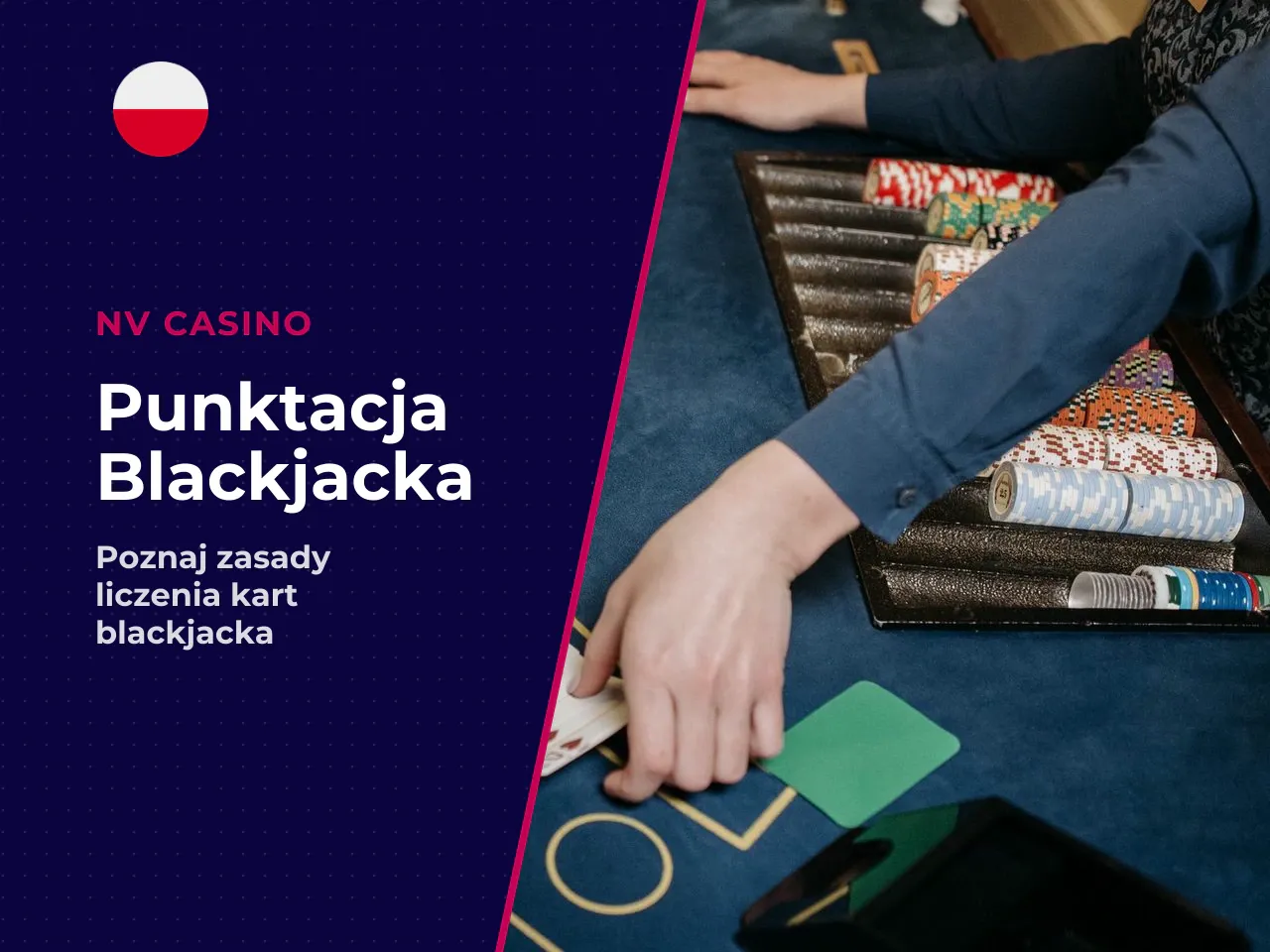 **Przykłady podliczania punktów:** - **As + 9** = 20 punktów (as liczy się jako 11) → bardzo silna hand - **As + 8** = 19 punktów (as liczy się jako 11) → silna ręka - **10 + 6** = 16 punktów → słaba 