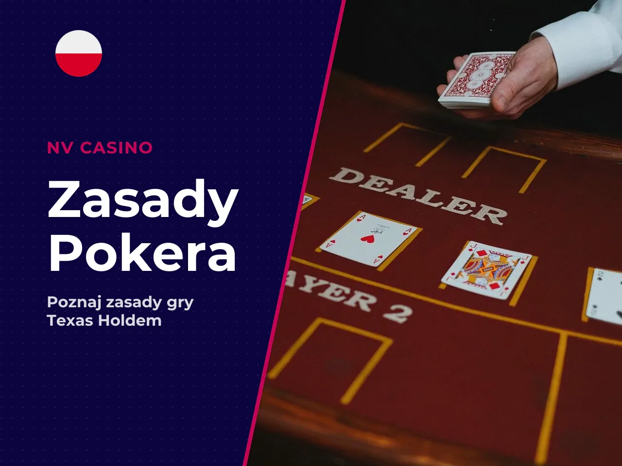 Poker — zasady Texas Hold'em. Zasady gry w wariancie teksańskim opierają się na prostym, ale eleganckim mechanizmie: 1. Każdy gracz otrzymuje **2 karty zakryte** (hole cards), widoczne tylko dla niego